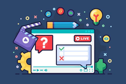 Live stream discussion concept semi flat illustration. Digital communication idea podcast. Voting and polls in chat. Online broadcast design on dark background. Vector isolated color drawing