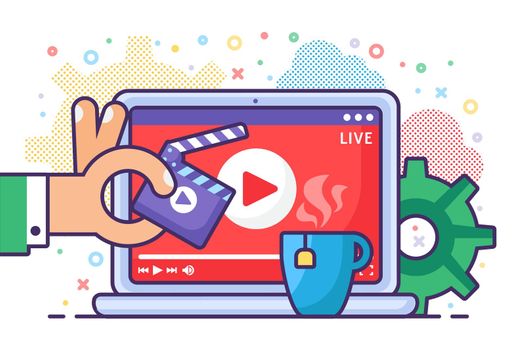 Live stream producing concept icon. Online broadcast on computer idea semi flat illustration. Hand with clapperboard and mug. Modern cover design. Vector isolated color drawing 
