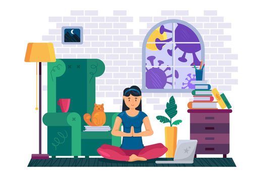 Stay at home while corona virus infection pandemic and do yoga. Girl meditating on laptop online from home. Keep social distance and quarantine to prevent covid19 epidemic. Flat vector illustration