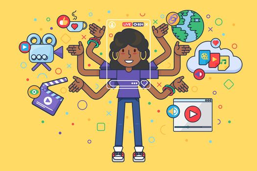 Female blogger lifestyle semi flat concept illustration. Afro girl cartoon character making online broadcast. Social live stream producing podcast. Vector isolated color drawing