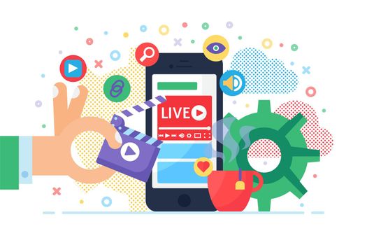 Mobile live stream concept illustration. Online streaming on smartphone. Hand with clapperboard. Modern semi flat design. Vector isolated color drawing 