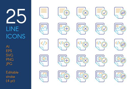 Documents and files color linear icons set