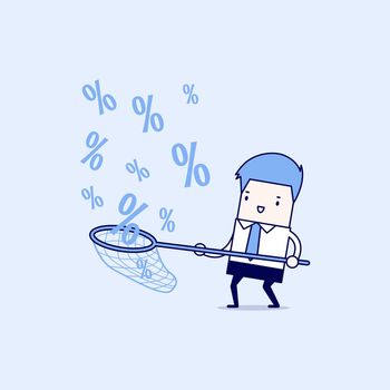 Businessman catching percent signs. Cartoon character thin line style vector.