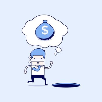 Blindfolded businessman running to find money with pit hole. Cartoon character thin line style vector.