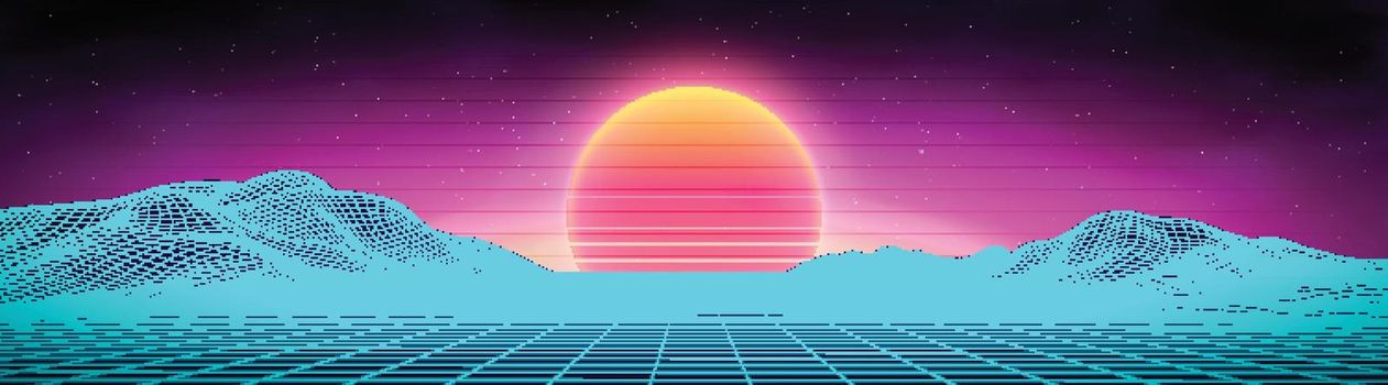 80s background retro landscape. Futuristic neon 1980s style. Cyber surface. Party background. Retro 80s fashion Sci-Fi Summer Landscape Background.