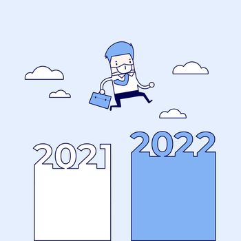 The masked businessman jump from 2021 to 2022. Cartoon character thin line style vector.