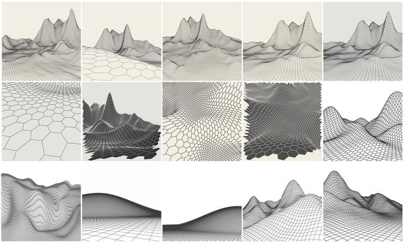 Wireframe landscape backgrounds set. EPS 10 Vector illustration. Terrain digital topography wireframe. Mountain data wireframe modelling map.