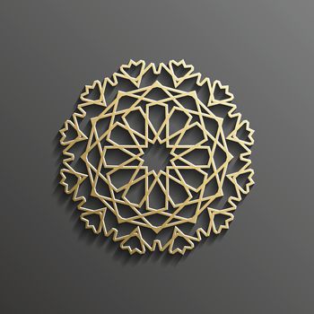 Islamic 3d gold on dark mandala round ornament background architectural muslim texture design . Can be used for brochures invitations,persian motif