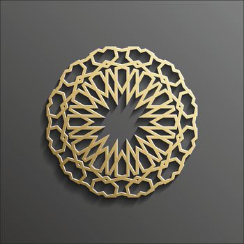 Islamic 3d gold on dark mandala round ornament background architectural muslim texture design . Can be used for brochures invitations,persian motif