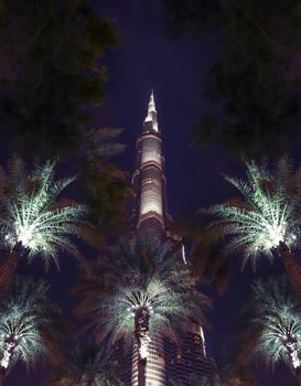 Dubai, UAE December 25 2018 Urbanistic backdrop. Holiday uae night background. Futuristic skyline. United arab emirates night sky. Famous landmark.