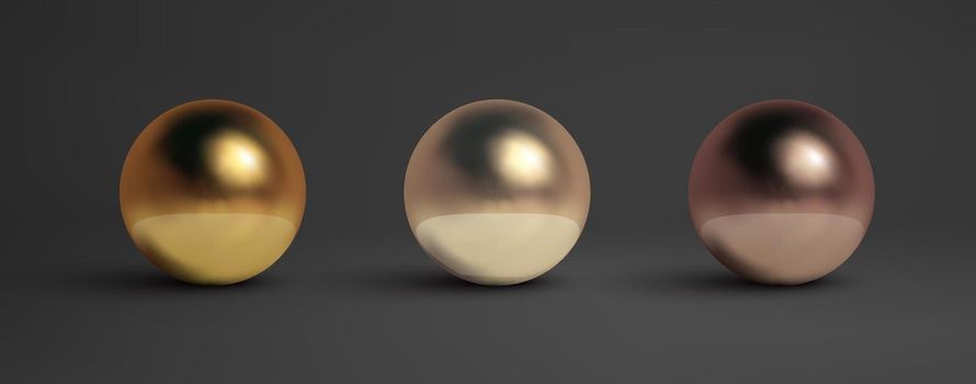 Abstract metal balls set. Pearl, black metal,brass,silver. Vector golden sphere isolated object on black. Chrome sphere silver metal ball.