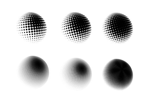 Halftone sphere dotted vector illustration. Circle halftone patterns dots logo. Globe vector illustration. Big set.