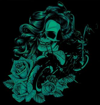 vector illustration Motorcycle with woman skull and roses