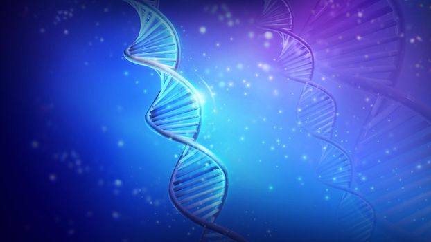 Double helix DNA strands on blue background, 3D render.