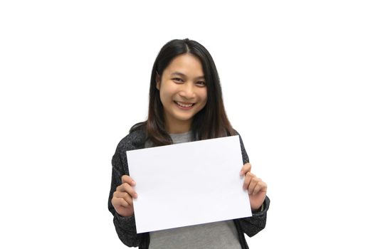 Woman showing blank white paper for copy space