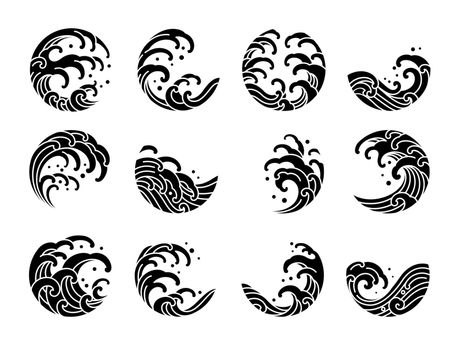 Set of water wave tattoo oriental style vector.
