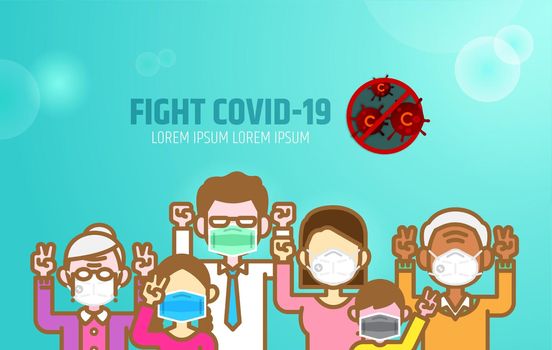 Family team power against Covid-19,Coronavirus flat design illustration.