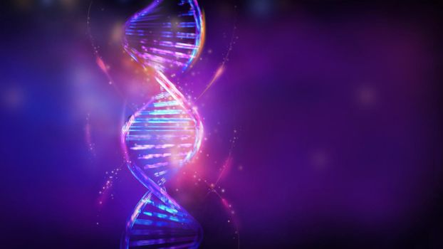 Luminous DNA double helix in violet blue colors, 3D render.