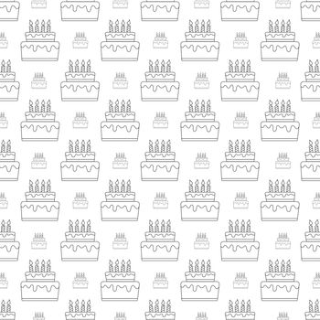 Seamless pattern of birthday cakes with candles for texture, textiles, packaging, and simple backgrounds. Flat Style