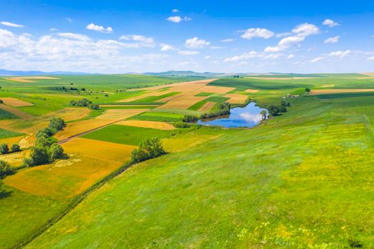 Aerial rural scene in summer, farm fields and pond in aerial landscape