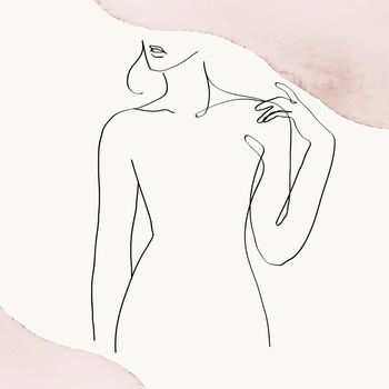 Woman&rsquo;s upper body vector line art illustration on pink pastel watercolor background