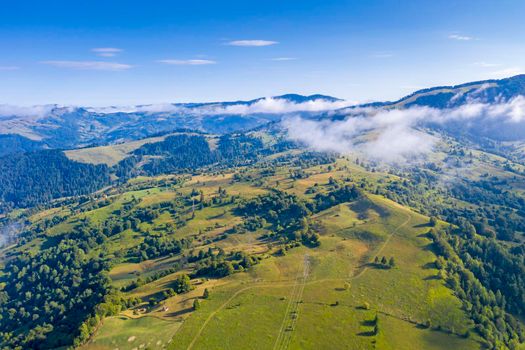 Aerial view of pasture, forest and fog during summer, Romanian Carpathians.