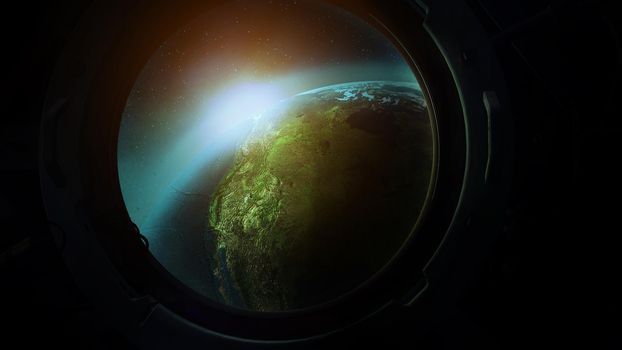 View of planet earth from the porthole from orbit. 3D render