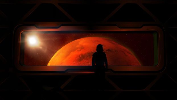 Astronaut at the porthole of a ship approaching Mars. 3D render