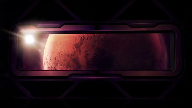 Window of a spaceship overlooking the Mars planet. 3D render