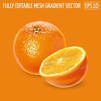 Whole orange with a cut half on an orange background.