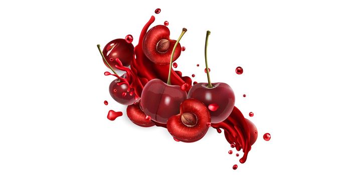 Fresh cherries with a splash of fruit juice.