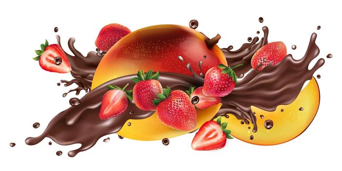 Splash of liquid chocolate and fresh mango with strawberries.