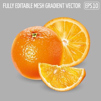 Whole orange with slices on a gray background.