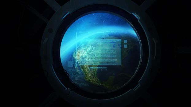 Globe from the porthole of a spaceship. 3D render