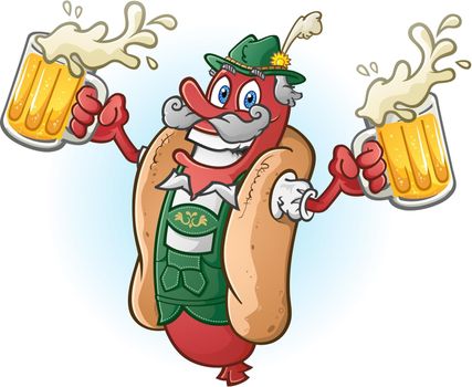 Oktoberfest Hotdog holding mugs of frothy beer cartoon character