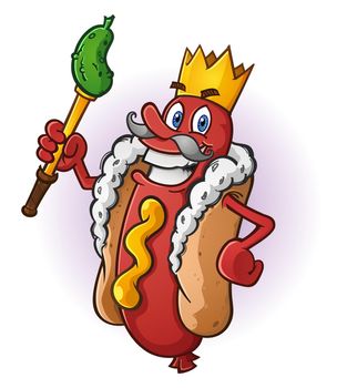 King Hot Dog of The Sausage Kingdom holding a Pickle Spear and Wearing a Golden Crown