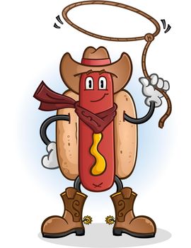 Hot Dog Cowboy Cartoon Character Spinning a Lasso