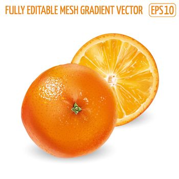 Whole orange with a round slice on a white background.