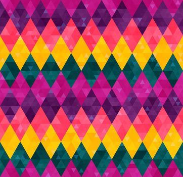 Abstract seamless harlequin pattern from rows of rhombuses in green, yellow, pink and purple