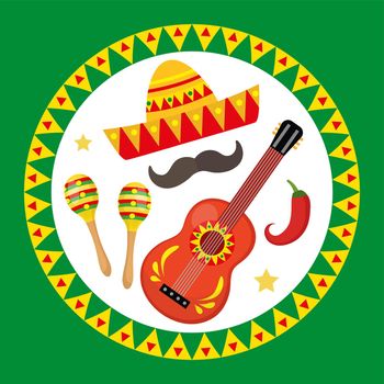 Cinco de Mayo Mexican federal holiday, fiesta greeting card, flyer, poster, invitation. Cinco de Mayo template for your design with sambrero, maracas. Vector illustration