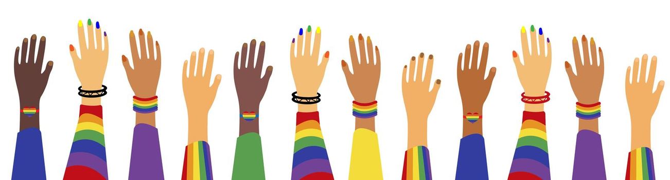 LGBT Pride Month holiday, People. Hands up gay parade. Vector illustration
