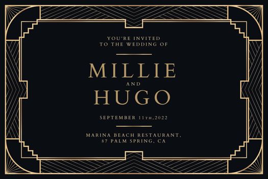 Wedding invitation vector template for social media banner with art deco pattern
