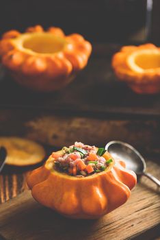 Pattypan squash stuffed with ground meat and vegetables